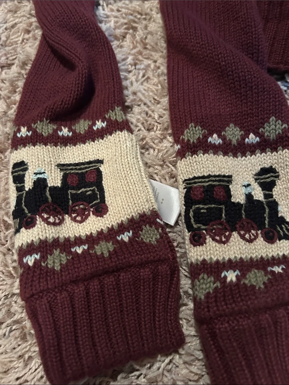 Kids Maroon Train Beanie and Scarf Set